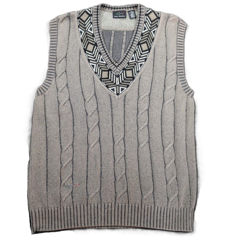 Greg Norman Mens L Sweater Vest Gray Cable Kinit V-Neck Embroidered Logo